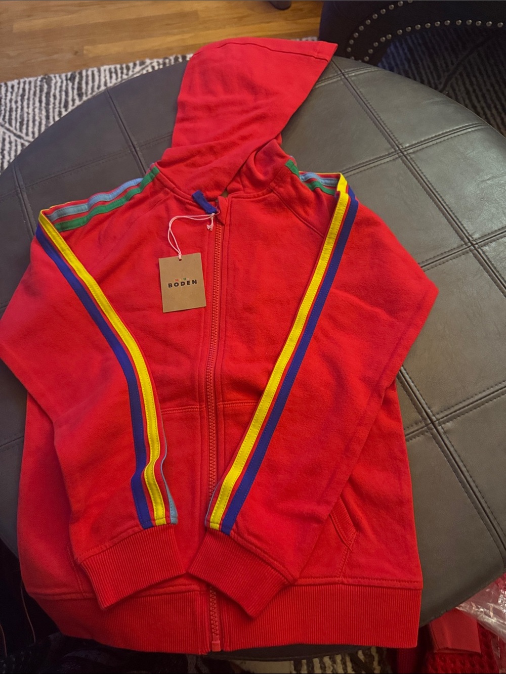 Mini Boden Kids 9/10 Red Hooded Zip Sweatshirt with Rainbow Stripes